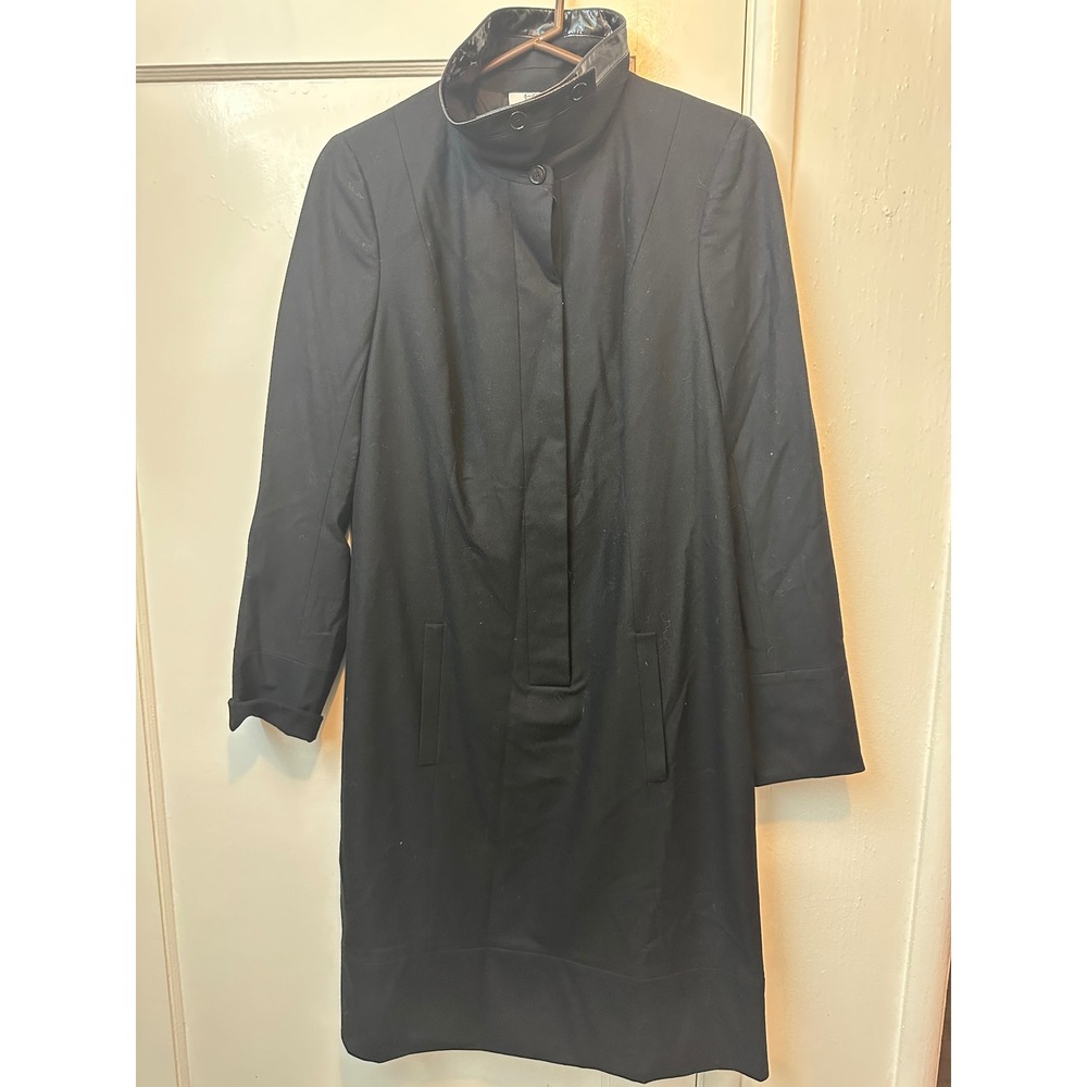 Akris Punto Black Wool Leather Trim Mock Neck Long Sleeve Dress Size 12 NEW - Picture 2 of 12